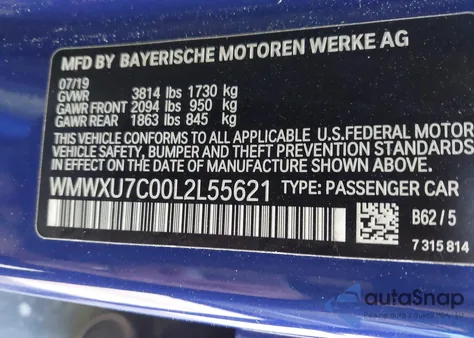 2020 Mini Hardtop Cooper z USA, uszkodzony, nr VIN WMWXU7C00L2L55621